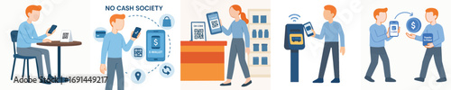 Flat Style Illustration of People Using Mobile Payment Technology Scenes Set