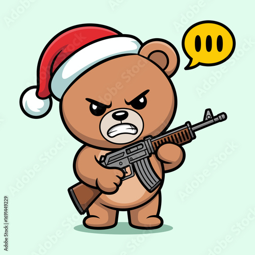 This image features an aggressive bear wearing a festive Santa hat and holding a gun, combining holiday cheer with an unexpected twist of attitude and toughness.