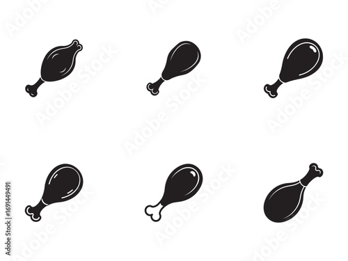 Black and White Chicken Drumstick Icons Various Styles and Isolated on a White Background Perfect for Food Design and Culinary Projects