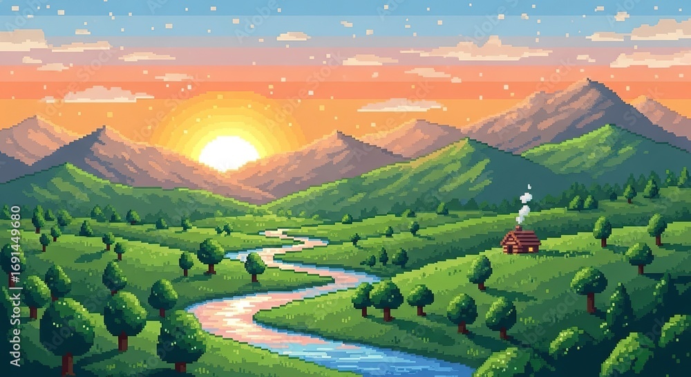 Fototapeta premium Pixelated Sunrise Over a Lush Valley with a Cozy Cabin
