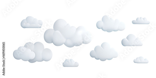 Collection of fluffy white clouds isolated on a transparent background. Ideal for design elements, weather graphics, or children's illustrations, PNG