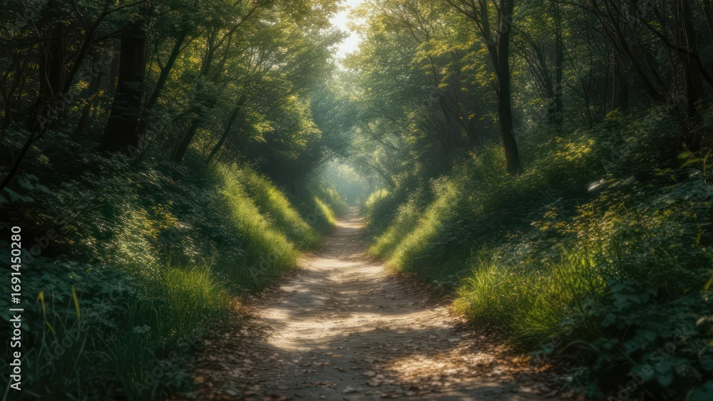Naklejka premium Sunlit path through a lush forest (1)