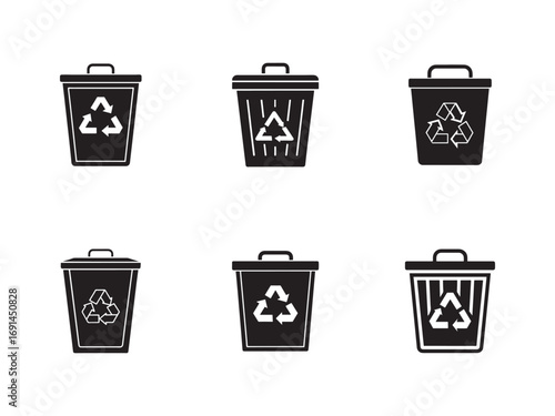 Black and White Recycle Bin Icons Environmental Conservation and Sustainable Practices for a Cleaner Future promoting Eco Friendly Choices