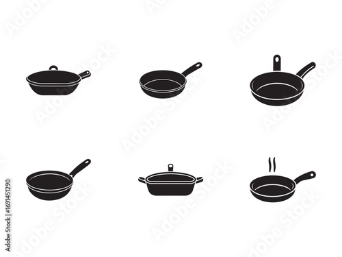 Black and White Silhouette Collection of Various Cooking Pans and Pots Kitchen Utensils Culinary Equipment Vector Graphic Resource