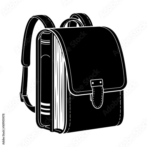 Black silhouette of a classic satchel backpack filled with books