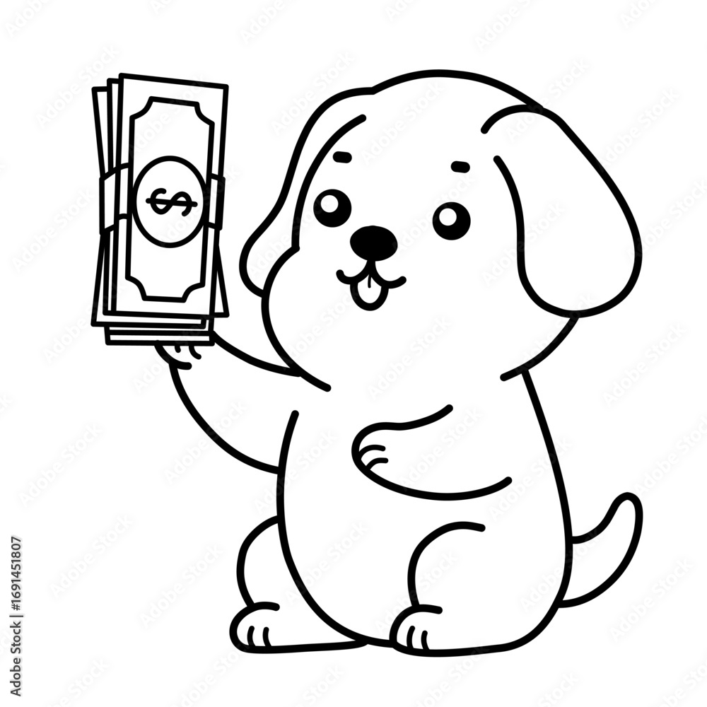 Fototapeta premium Sketch illustration of a dog carrying a wad of money, use it as an icon or sticker and add it to your designs or colouring books.