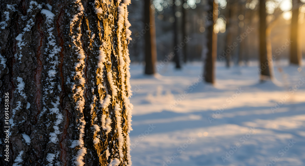 Obraz premium Golden Hour Sun on Frosted Tree Bark in Snowy Winter Forest