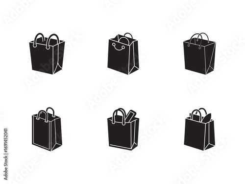 Black Shopping Bags on White Background Minimalist Style Vector Illustration Set For Retail Theme