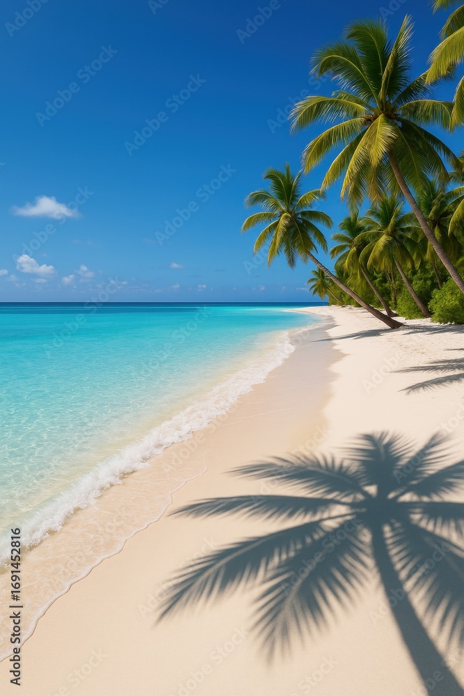 Obraz premium Pristine Caribbean beach paradise with crystal turquoise waters and powdery white sand under tropical sun