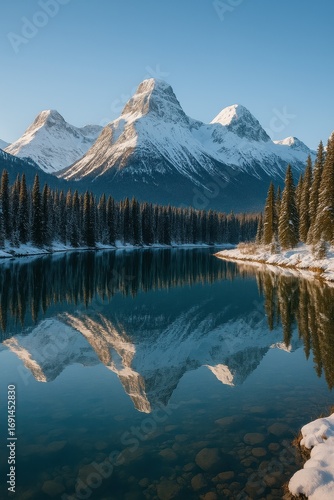 Pristine Canadian Rockies reflection in crystal clear alpine lake during winter season transition