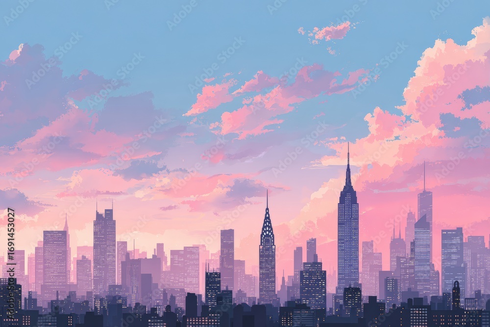 Fototapeta premium Pastel cityscape at sunset