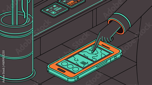 Isometric Illustration of Hand Interacting with Futuristic Smartphone Showing Graphic Data.