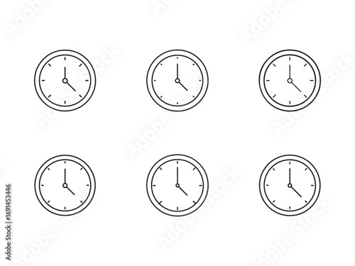 Clock Icons Displaying Various Times of Day on a White Background Minimalist Time Management Concept