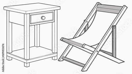 Line drawing of a small wooden table with a drawer and a folding chair.