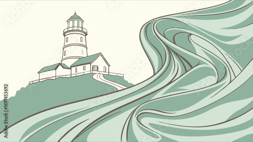 Lighthouse illustration coastal scene sea wave abstract design nautical theme vector art graphic design element.