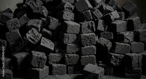Close-up View of Stacked Cubic Charcoal Briquettes