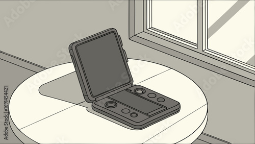 Portable handheld device with screen open on a table near a window.