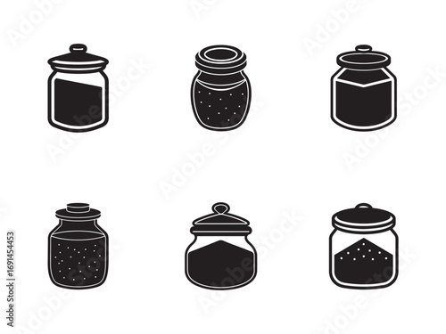 Collection of Black and White Glass Jar Icons for Food Storage and Organization Designs