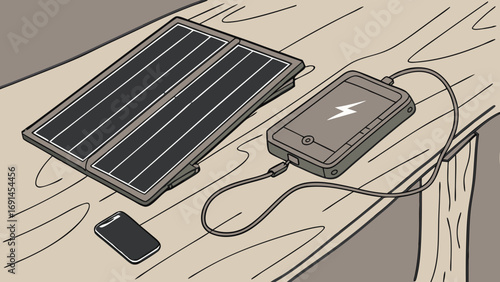 Portable Solar Panel Charging a Power Bank and Smartphone Illustration.