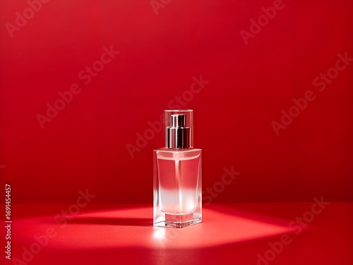 Elegant glass perfume bottle with shiny cap on a spotlighted red background