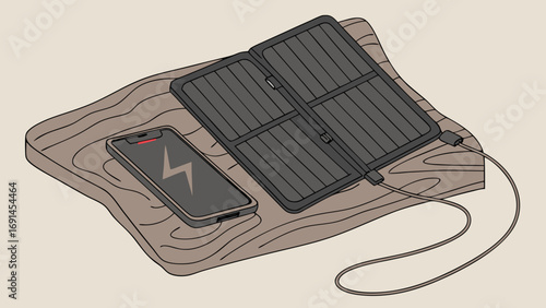 Portable Solar Charger Charging Mobile Phone on Wooden Surface Illustration.