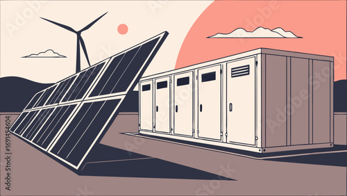 Renewable Energy System Solar Panels Wind Turbine and Energy Storage Container Illustration.
