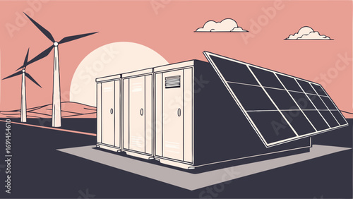 Renewable Energy System Solar Panels Wind Turbines and Energy Storage Unit Illustration.