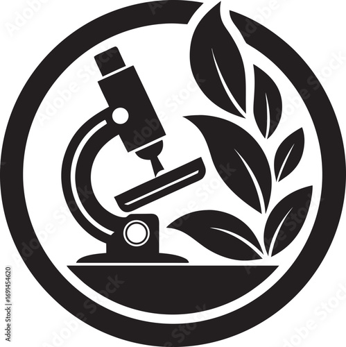 Microscope and leaves logo symbolizing scientific research in natural sciences and biology