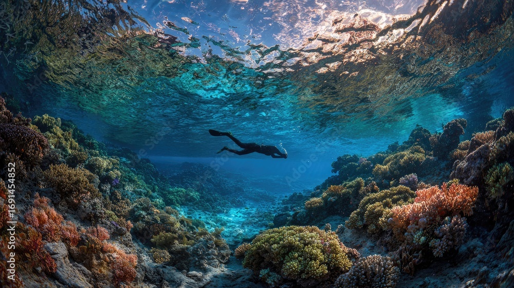 Fototapeta premium Underwater diver explores vibrant coral reef. Sunlight streams through surface