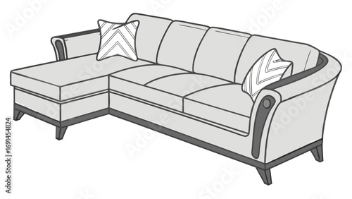 Sectional Sofa Modern Furniture Home Decor Living Room Design Comfortable Couch Interior Design Illustration Elegant Seating Grey Upholstery Pillow Armrest Legs Chaise Lounge Apartmen.
