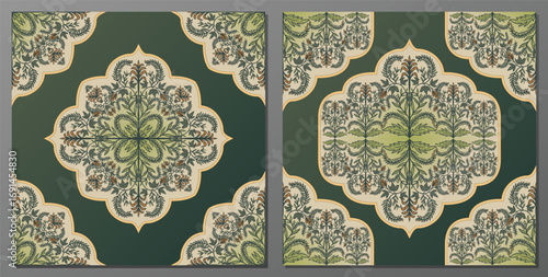 Vintage Medieval Islamic Floral Green Ornamental Pattern for Silk Scarf, Rug, Background, Label, and Tile Design