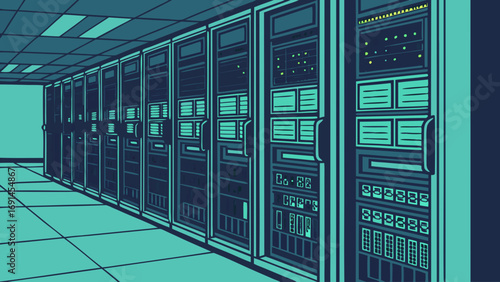 Server room data center technology illustration network infrastructure digital technology computer equipment IT infrastructure data storage server rack technology background data proces.