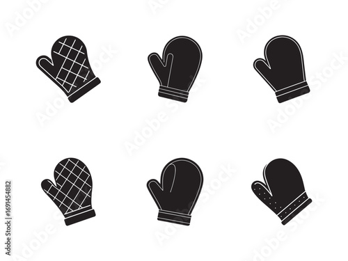 Collection of Black and White Oven Mitt Icons for Kitchen Safety and Cooking Themes Perfect for Culinary Designs and Baking Illustrations