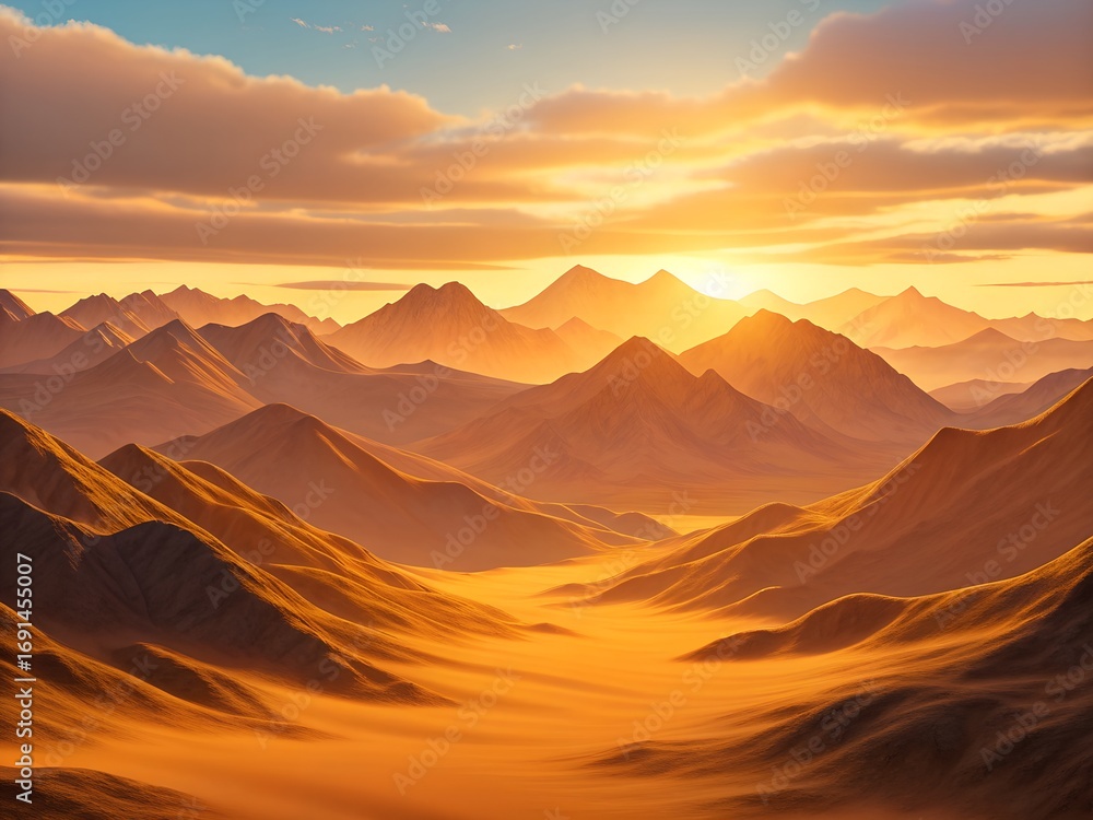 Obraz premium Majestic mountain range bathed in warm golden sunset light with dramatic clouds