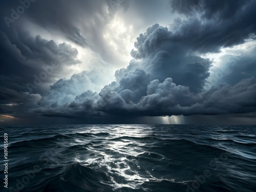 Dramatic stormy sky over dark ocean waves with sunlight breaking through