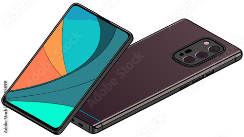 Smartphone illustration modern mobile phone design colorful screen triple camera technology concept isometric view mobile device mockup gadget digital device cellphone phone graphic sc.