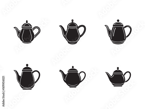 Collection of Black Teapot Silhouettes on White Background A Set of Six Unique Teapot Designs for Tea Lovers