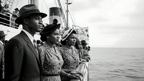 Black passengers aboard ship circa 1940s, looking to horizon. Evokes travel, history, culture, immigration, migration, journey, identity, retro fashion, and social commentary.