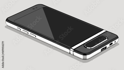 Smartphone mockup isometric view black and white technology illustration mobile phone design gadget digital device screen interface app button sleek modern elegant clean minimalist.