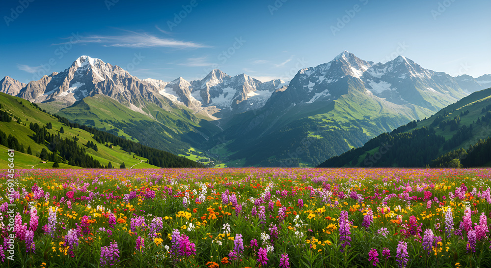 Fototapeta premium Beautiful Alps mountain scenery with colorful flower meadow, green valley, bright blue sky, and majestic snowy peaks.