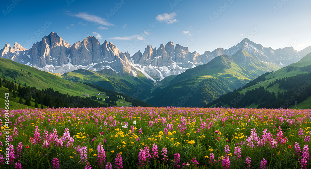 Fototapeta premium Beautiful Alps mountain scenery with colorful flower meadow, green valley, bright blue sky, and majestic snowy peaks.