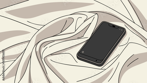 Smartphone on draped fabric minimalist illustration neutral colors mobile phone textile texture flat lay digital art graphic design cream background elegant design simple background mo.