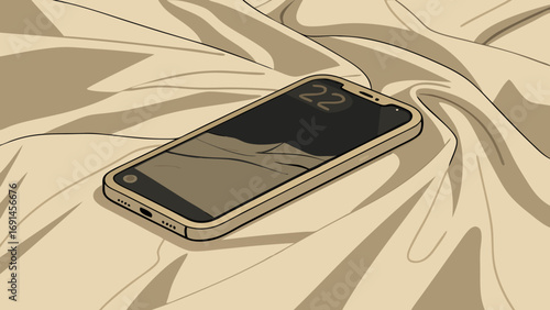 Smartphone on Fabric Minimalist Beige Aesthetic Mobile Device Illustration Flat Lay.