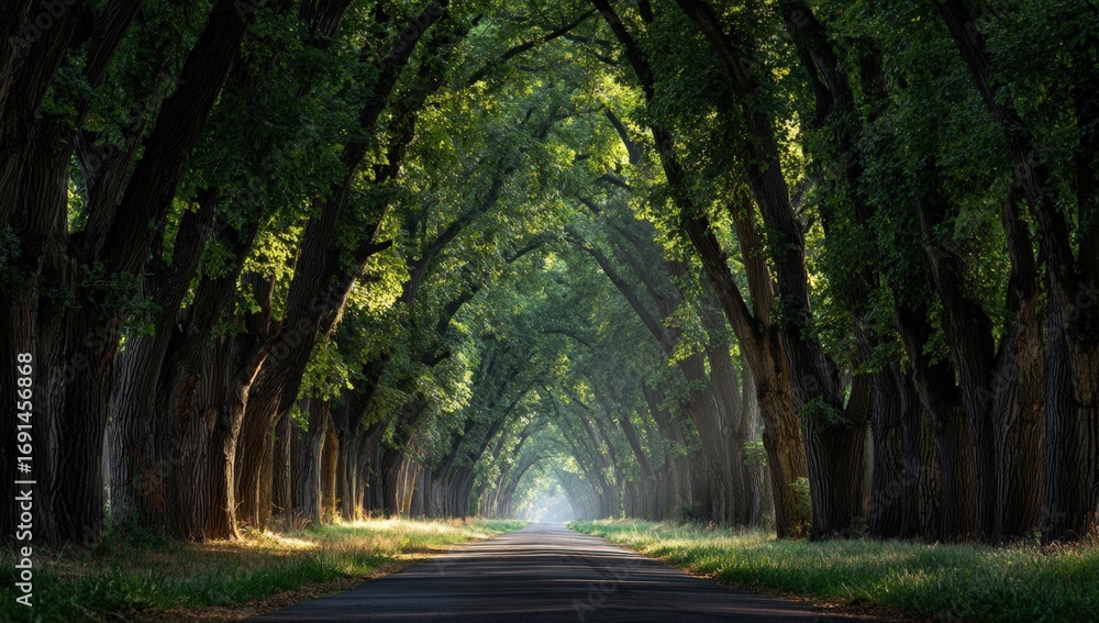 Obraz premium Sunlight-drenched tree-lined avenue (1)