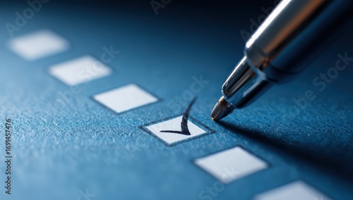 Pen marking a check mark on a checklist