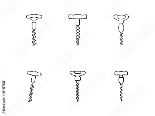 Collection of Corkscrew Outlines for Wine Lovers and Sommeliers Featuring Different Handle Styles and Spiral Shapes in a Clean White Background