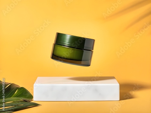 Green glass cosmetic jar levitating above a white marble pedestal with tropical leaves and yellow background