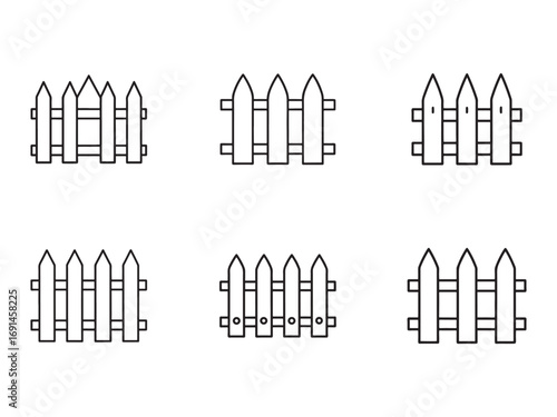 Collection of Different Style Fence Line Icons Perfect for Garden Decoration or Property Boundary Designs in Black and White