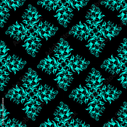 Dynamic Turquoise and Black Floral Design