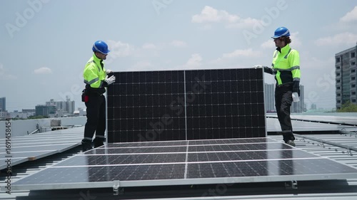 Workers installing solar panel on rooftop
